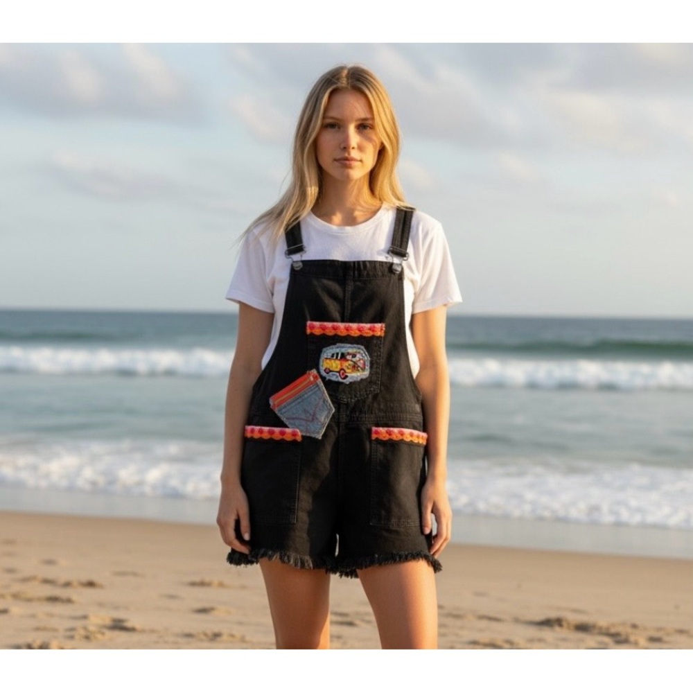 Black Denim Overall Shorts with Colorful Trim